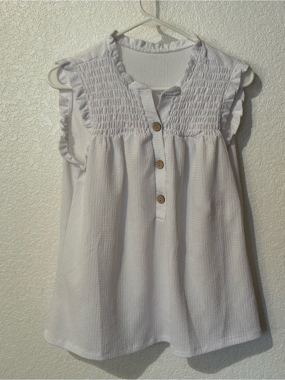 Womens White Smocked Sleeveless Blouse with Buttons